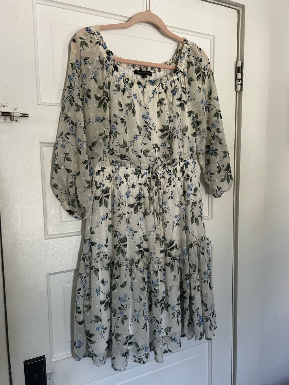 Tiered White Mini/Midi Lightweight Dress with Blue and Green Floral Print